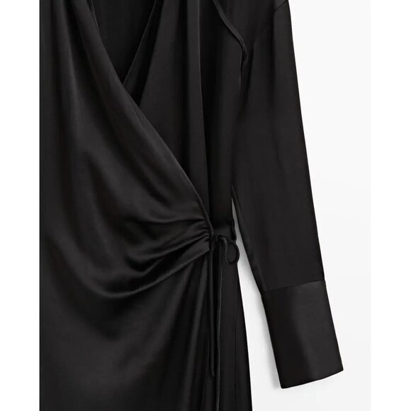 Massimo Dutti Maxi Wrap Black Satin Shirt Dress Size XS New With Tags - Picture 7 of 16